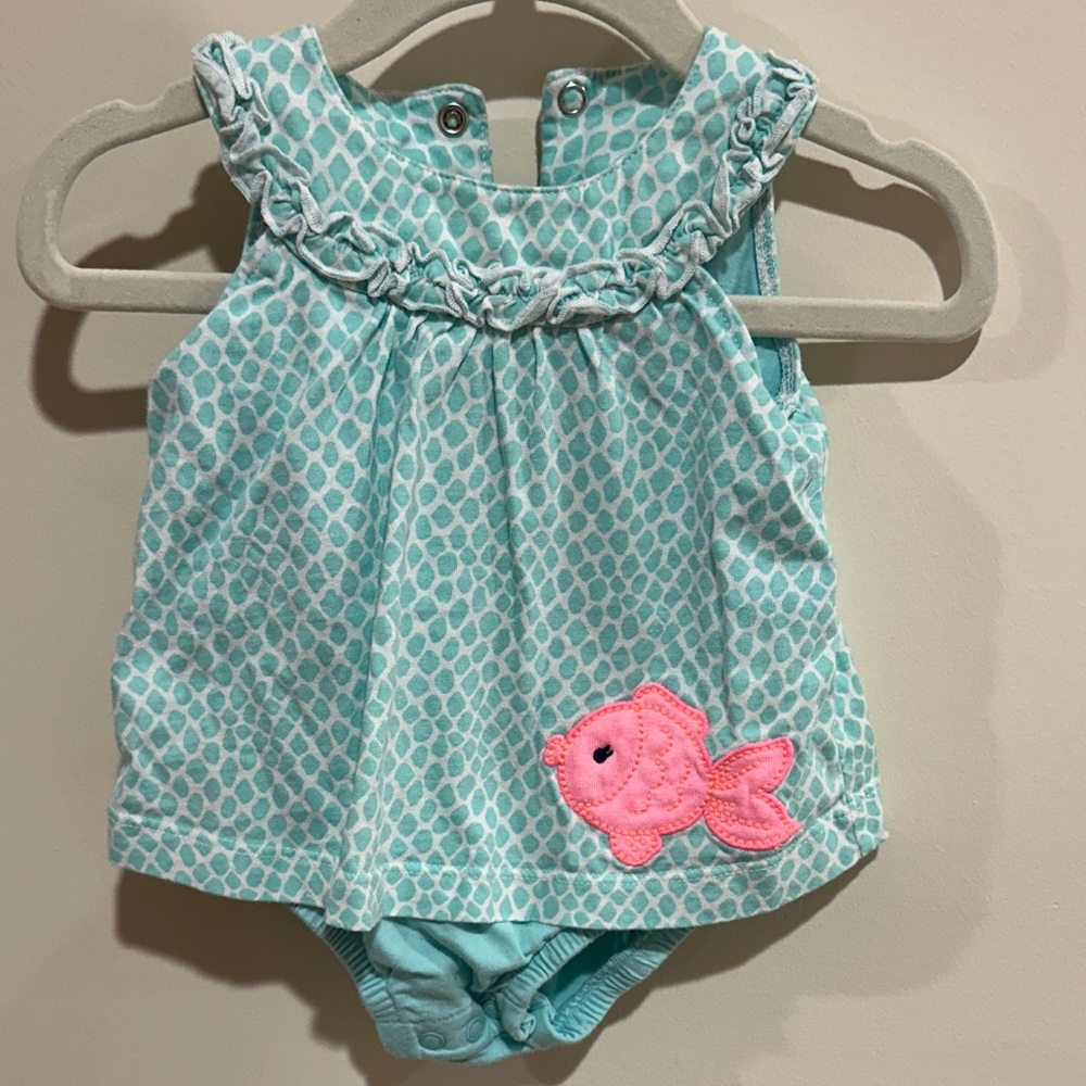 Aqua Baby Romper with Pink Fish Applique